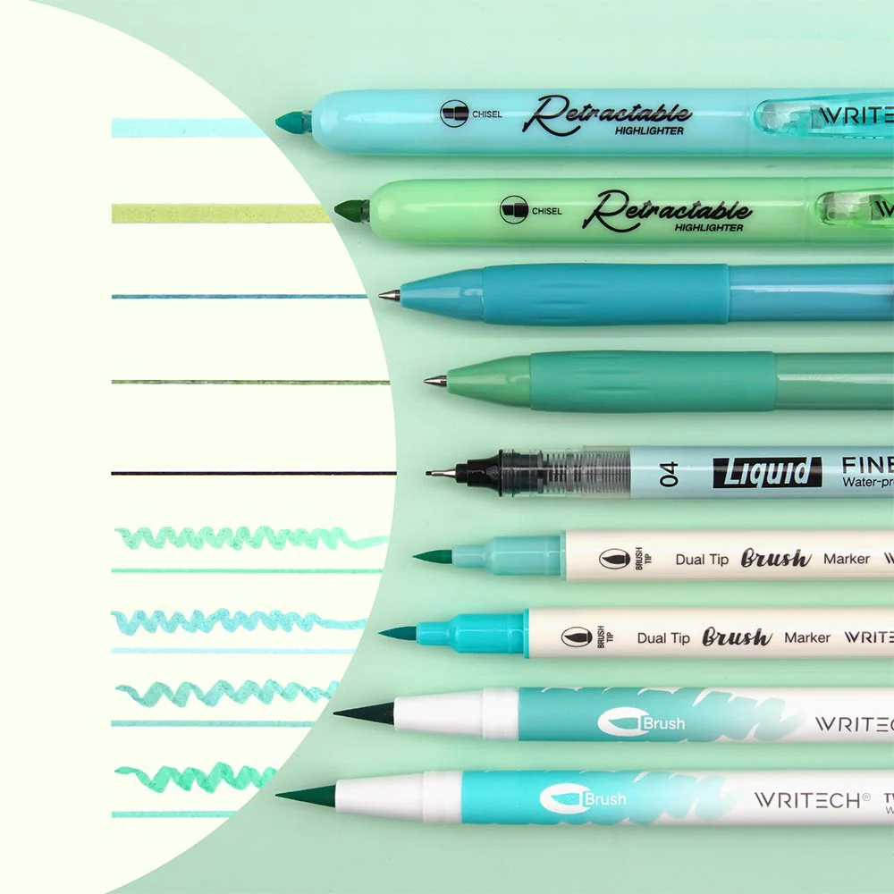 WRITECH 9 Piece Journal Kit with Pencil Case Blue and Green - Image 2