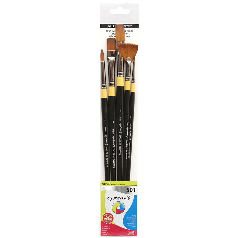 Daler-Rowney System3 Acrylic Long Handle Brush 501 Wallet of 5