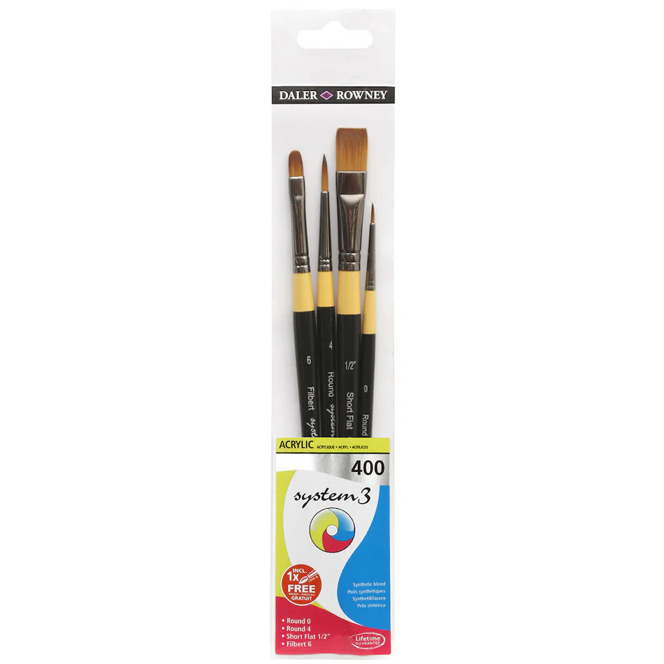 Daler-Rowney System3 Acrylic Short Handle Brush 400 Wallet of 4