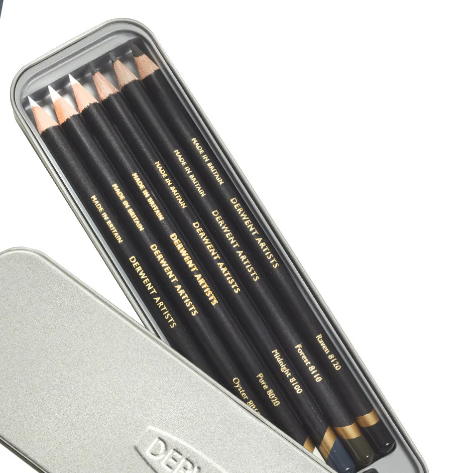 Derwent Artists Coloured Pencils Black and White Tin of 6 - Image 2