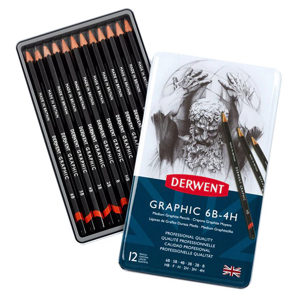 Derwent Graphic Graphite Pencil Tin of 12 Medium Grades - Image 2