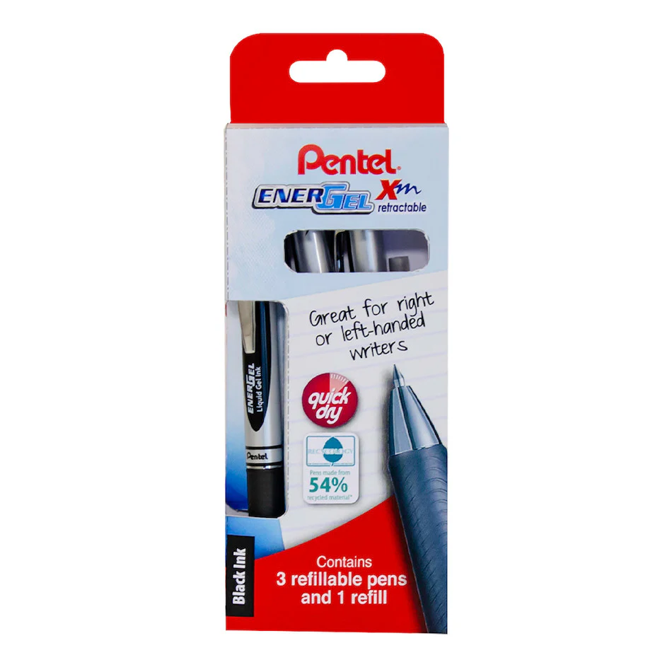 Pentel EnerGel Xm Retractable Rollerball Set of 3 Black with Refill