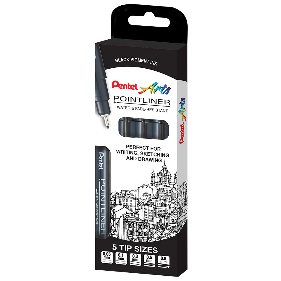 Pentel Pointliner Pen Black Set of 5 Assorted