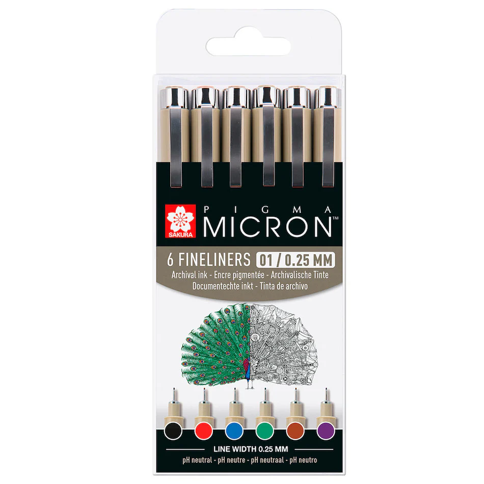 Sakura Pigma Micron Drawing Pens 01 Wallet of 6 Basic Colours