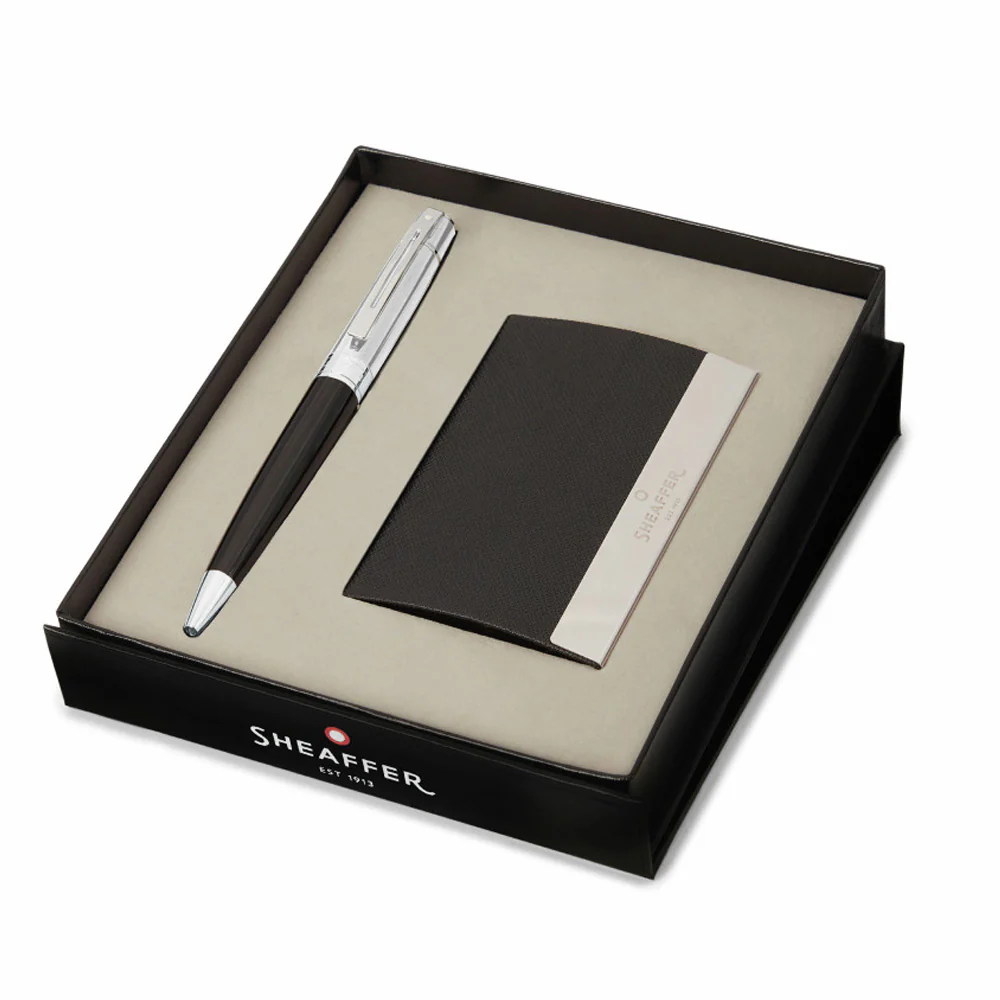 Sheaffer 300 G9314 Ballpoint Pen Glossy Black with Chrome Trim and Business Card Holder Set
