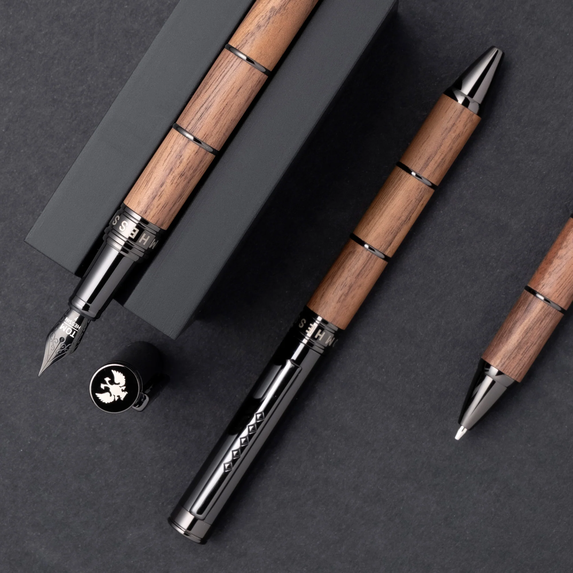 Tom Hessin Revolution Ballpoint Pen Rustic Wood Barrel with Gunmetal Trim - Image 2